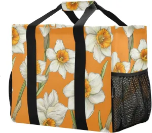 JUNZAN Flower Narcissus Orange Utility Tote Bags For Women Foldable Beach Bags Waterproof Reusable Shopping Bags Canvas Laundry Bag Travel