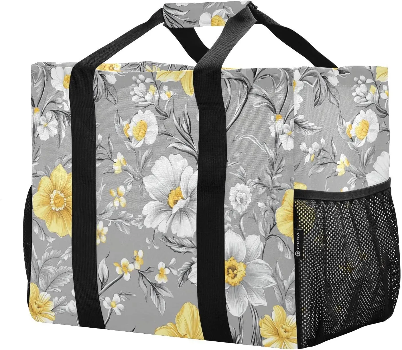 JUNZAN Flowers Grey Utility Bag Foldable Beach Tote Bag Waterproof Reusable Grocery Shopping Bags with Handles Laundry Carrying Bag
