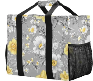 JUNZAN Flowers Grey Utility Bag Foldable Beach Tote Bag Waterproof Reusable Grocery Shopping Bags with Handles Laundry Carrying Bag