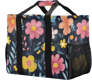 JUNZAN Flowers Navy Utility Bag Foldable Beach Bag With Pockets Groceries Reusable Bags with Handles Carry Tote