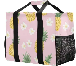 JUNZAN Funny Pineapple Pink Tote Utility Bag Foldable Beach Tote Bag Water Resistant Reusable Grocery Shopping Bags with Handles Carrying Tote