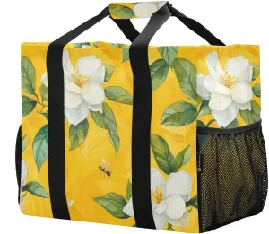 JUNZAN Gardenia Utility Bag For Trunk Foldable Beach Tote Sandproof Reusable Shopping Bag Canvas Car Tote Bag