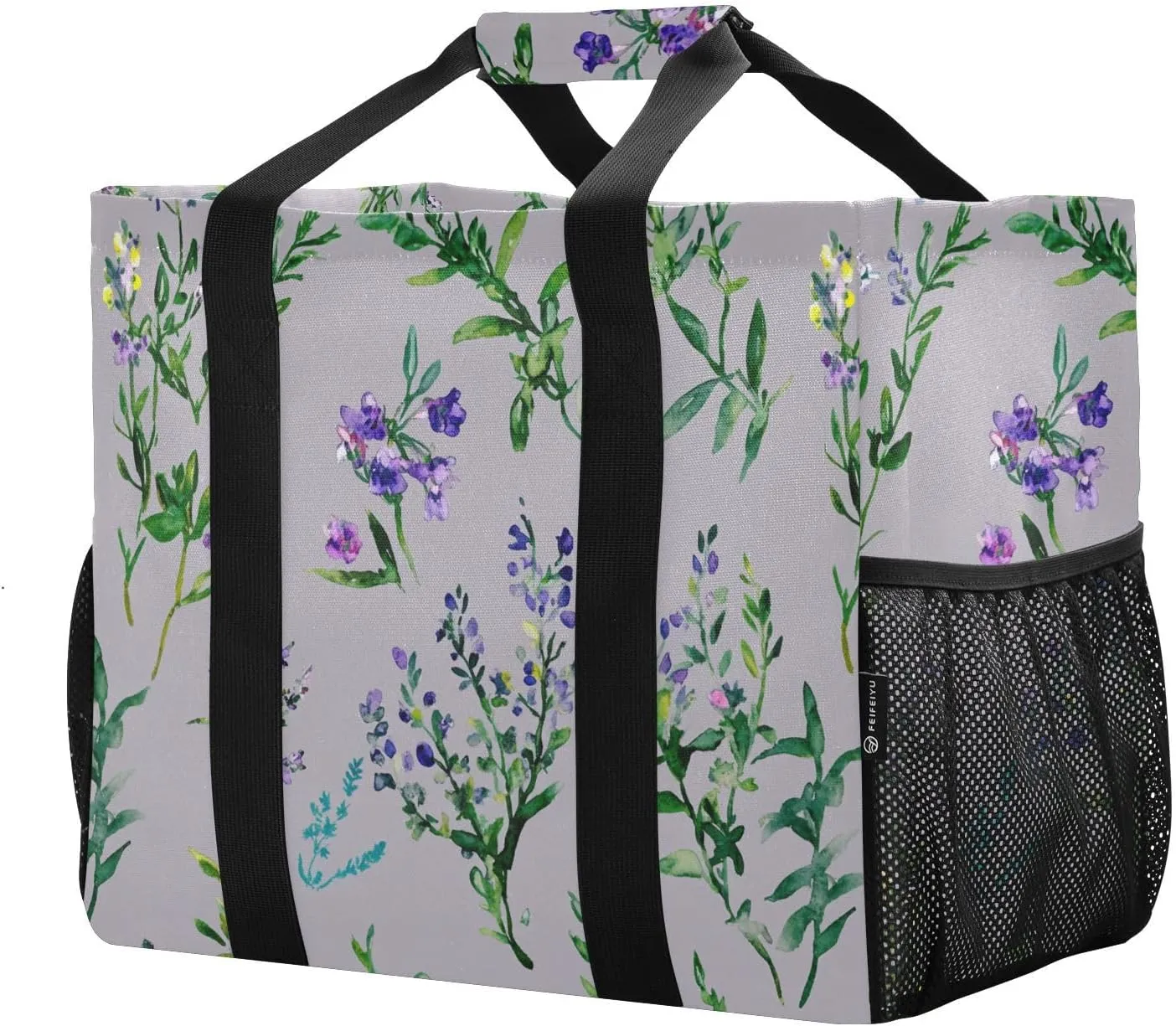 JUNZAN Grey Vintage Flower Utility Storage Bags Foldable Beach Bag Tote Water Resistant Reusable Grocery Bags Canvas Laundry Bag