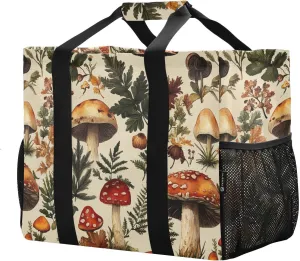 JUNZAN Mushroom Beige Tote Utility Bag Foldable Beach Tote Bag With Pockets Shopping Bags For Groceries with Handles Laundry Bag Tote