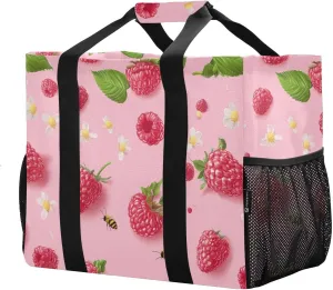 JUNZAN Raspberries Fruit Pink Utility Tote Bag For Women Foldable Beach Bag With Compartments Grocery Bags Reusable Canvas Laundry Tote