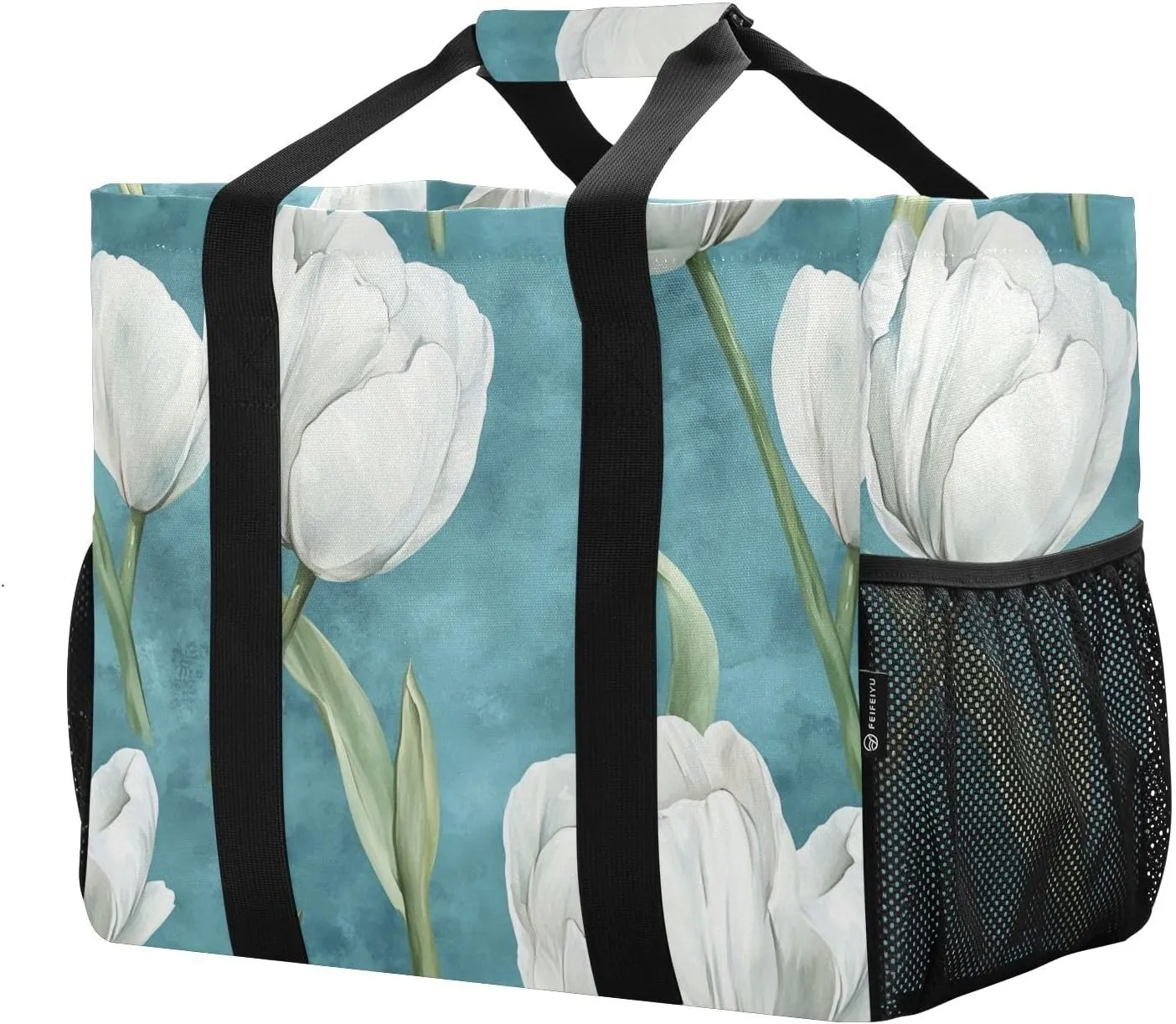 JUNZAN Retro flower Teal Utility Storage Bags Foldable Beach Tote Bag With Pockets Reusable Grocery Bags Canvas Car Tote
