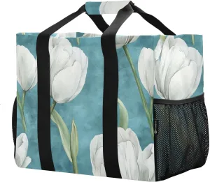 JUNZAN Retro flower Teal Utility Storage Bags Foldable Beach Tote Bag With Pockets Reusable Grocery Bags Canvas Car Tote