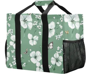 JUNZAN Sage Green Floral Utility Storage Bags Foldable Beach Bag Sandproof Grocery Bags Reusable with Handles Laundry Bag
