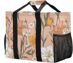 JUNZAN Spring Flowers Daffodils Utility Tote Bags Foldable Beach Tote Waterproof Reusable Grocery Shopping Bags with Handles Carrying Bag