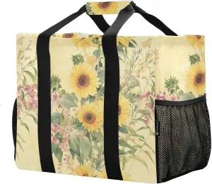 JUNZAN Sunflower in Vintage Tote Utility Bag Foldable Beach Bags With Pockets Reusable Grocery Bags Canvas Carrying Bag