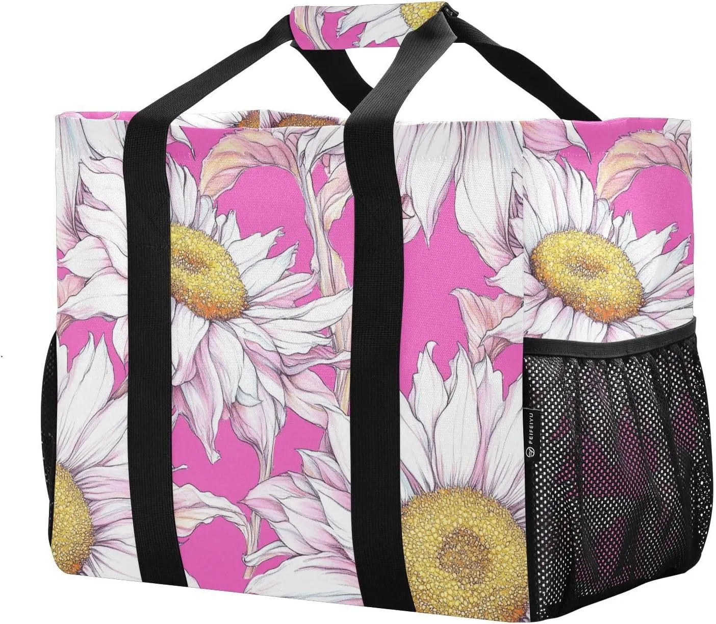 JUNZAN Sunflower Pink Utility Bag For Trunk Foldable Beach Bag With Compartments Reusable Bags For Groceries Canvas Cars Tote Bag