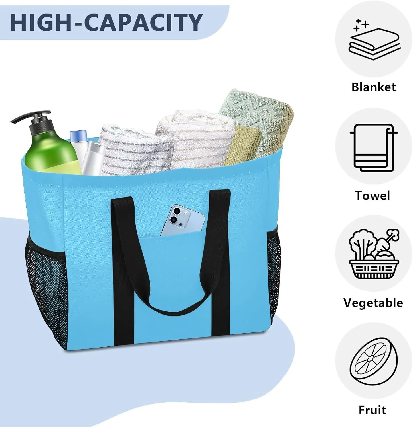 JUNZAN Teal Large Utility Tote Bag Collapsable Beach Bag Waterproof Reusable Grocery Bags with Handles Laundry Tote Bag