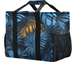 JUNZAN Tropical Monstera Utility Tote Bag For Women Foldable Beach Tote Bag Waterproof Reusable Grocery Bags with Handles Laundry Bag Teal Blue