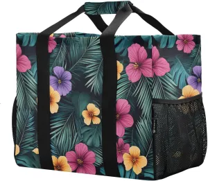 JUNZAN Tropical Palms Hibiscus Utility Beach Tote Foldable Beach Bag Waterproof Reusable Bags For Groceries with Handles Laundry Bag Tote