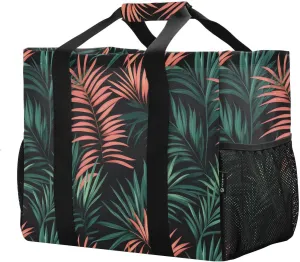 JUNZAN Tropical Palms Large Utility Tote Bag For Women Foldable Beach Tote Bag With Pockets Shopping Bags Reusable with Handles Canvas Laundry Bag Black