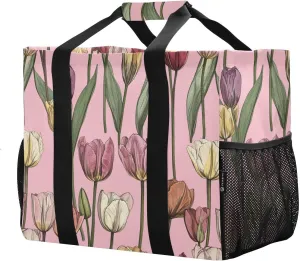 JUNZAN Tulips Pink Utility Beach Tote Foldable Large Beach Bag Waterproof Reusable Grocery Bags Canvas Laundry Bag Travel