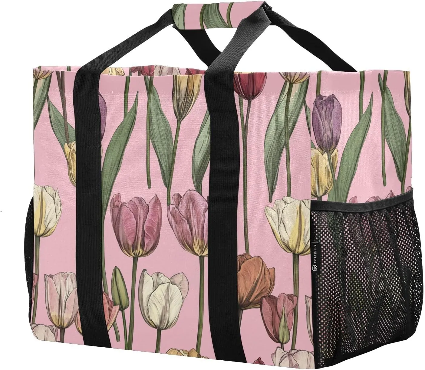 JUNZAN Tulips Pink Utility Beach Tote Foldable Large Beach Bag Waterproof Reusable Grocery Bags Canvas Laundry Bag Travel