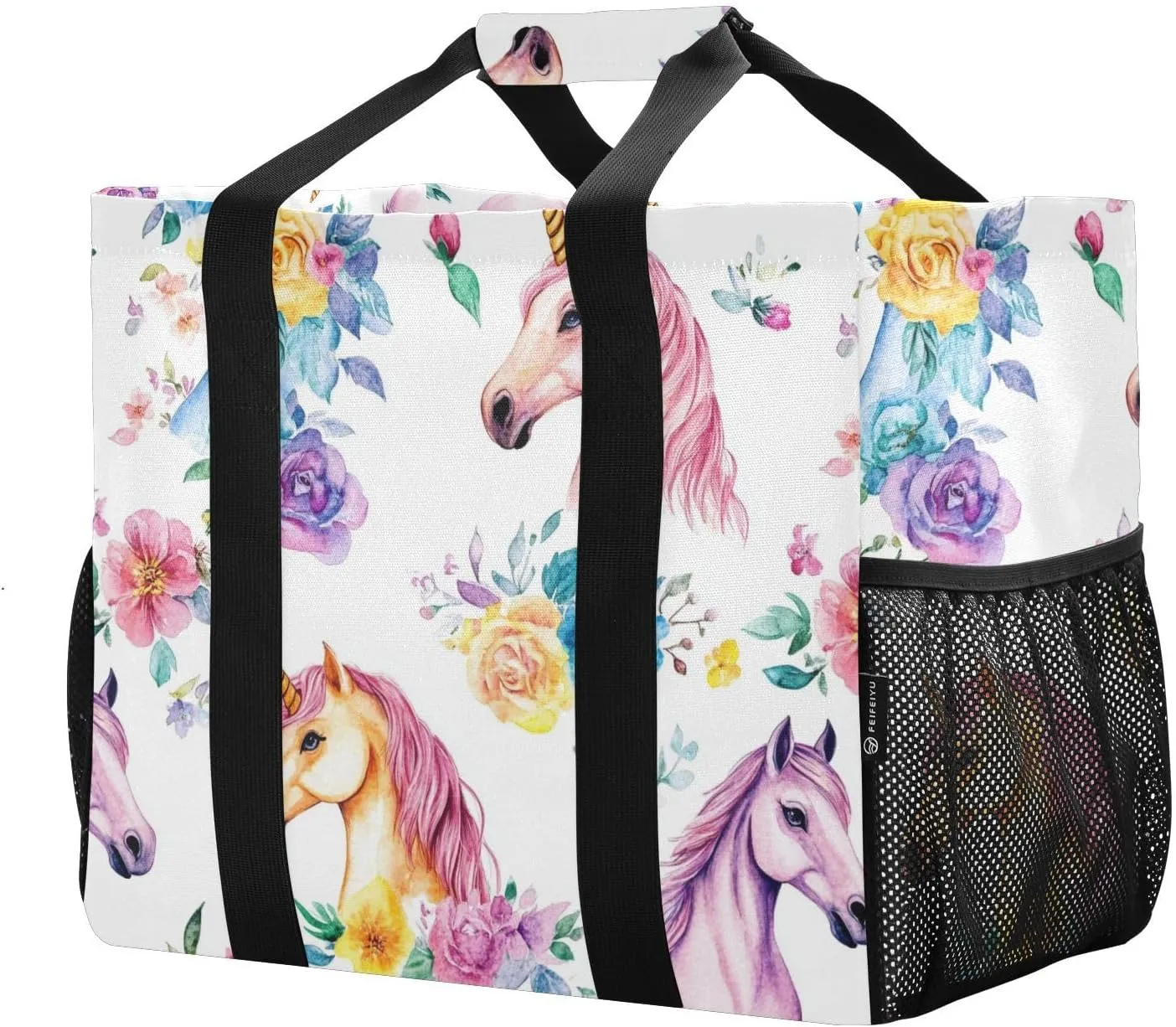 JUNZAN Unicorns Watercolour Large Utility Tote Bag For Women Foldable Beach Tote Bag With Compartments Grocery Bags Reusable Canvas Car Tote