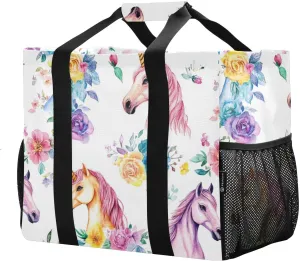 JUNZAN Unicorns Watercolour Large Utility Tote Bag For Women Foldable Beach Tote Bag With Compartments Grocery Bags Reusable Canvas Car Tote
