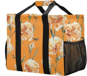JUNZAN Vintage Carnation Orange Utility Storage Bags Foldable Beach Bags Waterproof Reusable Grocery Bag with Handles Carrying Bag