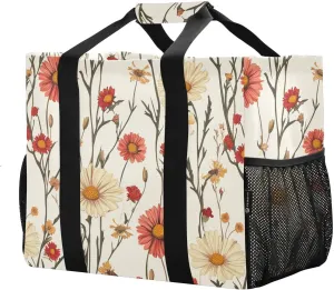 JUNZAN Vintage Flowers Beige Utility Bag For Trunk Foldable Beach Tote With Pockets Reusable Bags For Groceries Canvas Laundry Carrying Bag