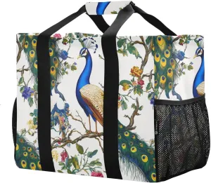 JUNZAN Vintage Peacock Large Utility Tote Bag For Women Foldable Beach Tote Bag Water Resistant Reusable Grocery Shopping Bags Canvas Laundry Bag Travel