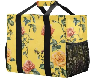 JUNZAN Vintage Rose Floral Utility Tote Foldable Beach Bags Sandproof Reusable Grocery Shopping Bags Canvas Car Tote Bag