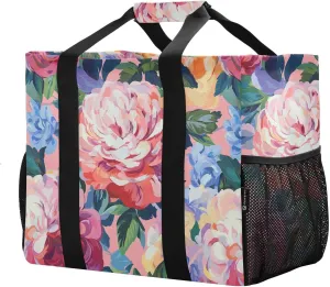 JUNZAN Vintage Spring Flowers Utility Storage Bags Foldable Beach Bag Water Resistant Reusable Bags For Groceries with Handles Laundry Bag Travel