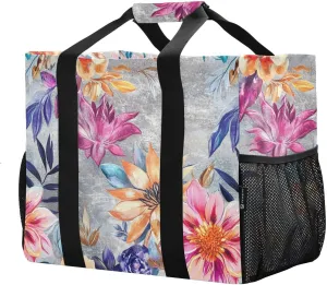 JUNZAN Vintage Spring Flowers Utility Tote Bag For Women Foldable Beach Bag Tote Sandproof Reusable Bags For Groceries Canvas Laundry Bag