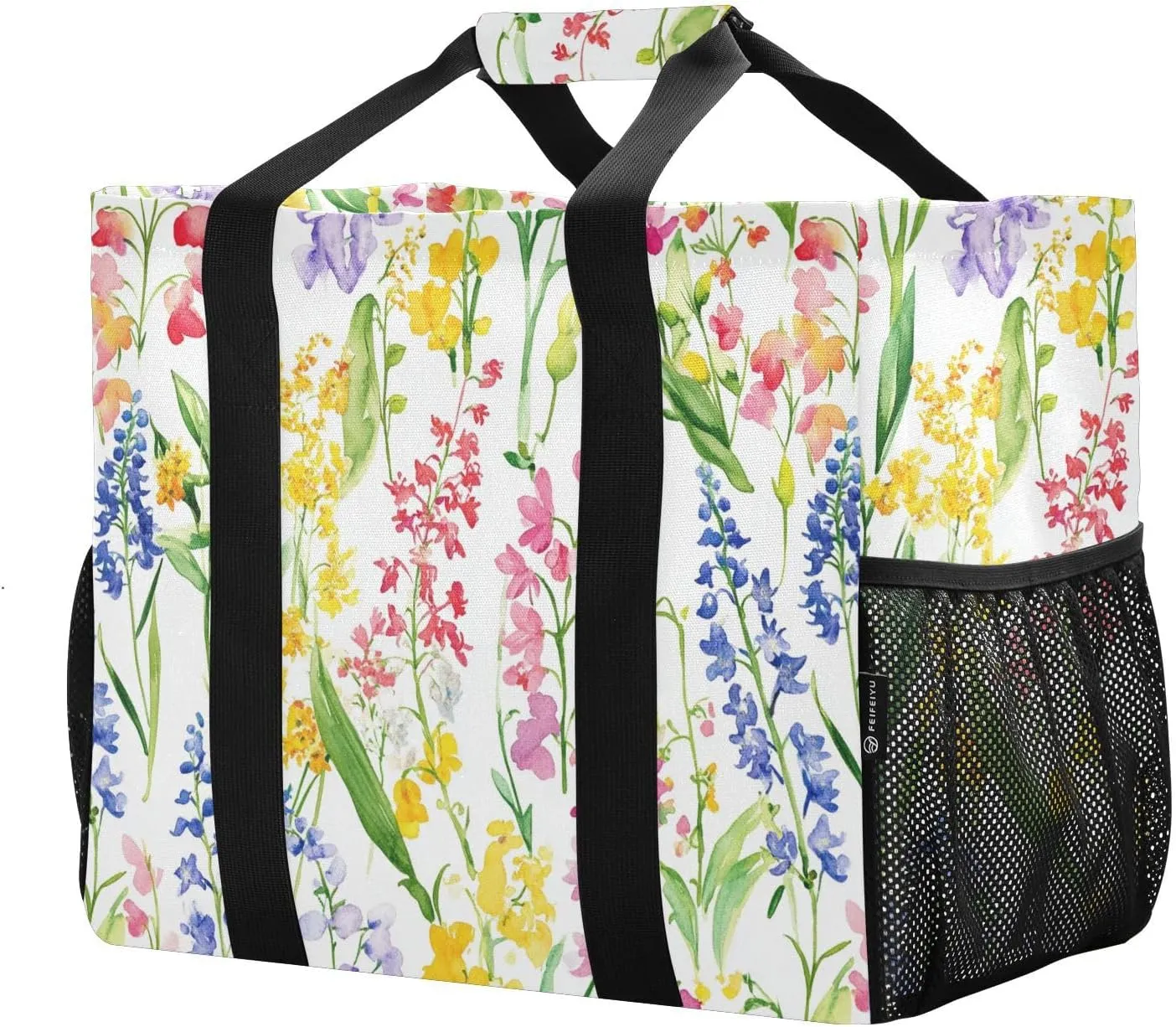 JUNZAN Wildflwers Colored Large Utility Tote Bag For Women Foldable Beach Tote Water Resistant Reusable Bags For Groceries Canvas Canvas Laundry Bag