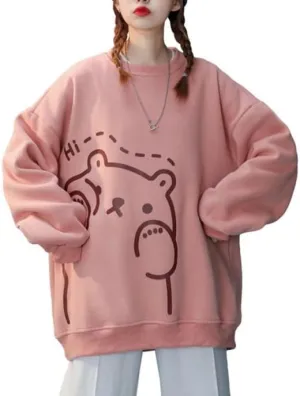 Kawaii Bear Print Oversized Sweatshirt for Women Cute Long Sleeve Vintage Crewneck Sweatshirts Pullover Y2K Sweater