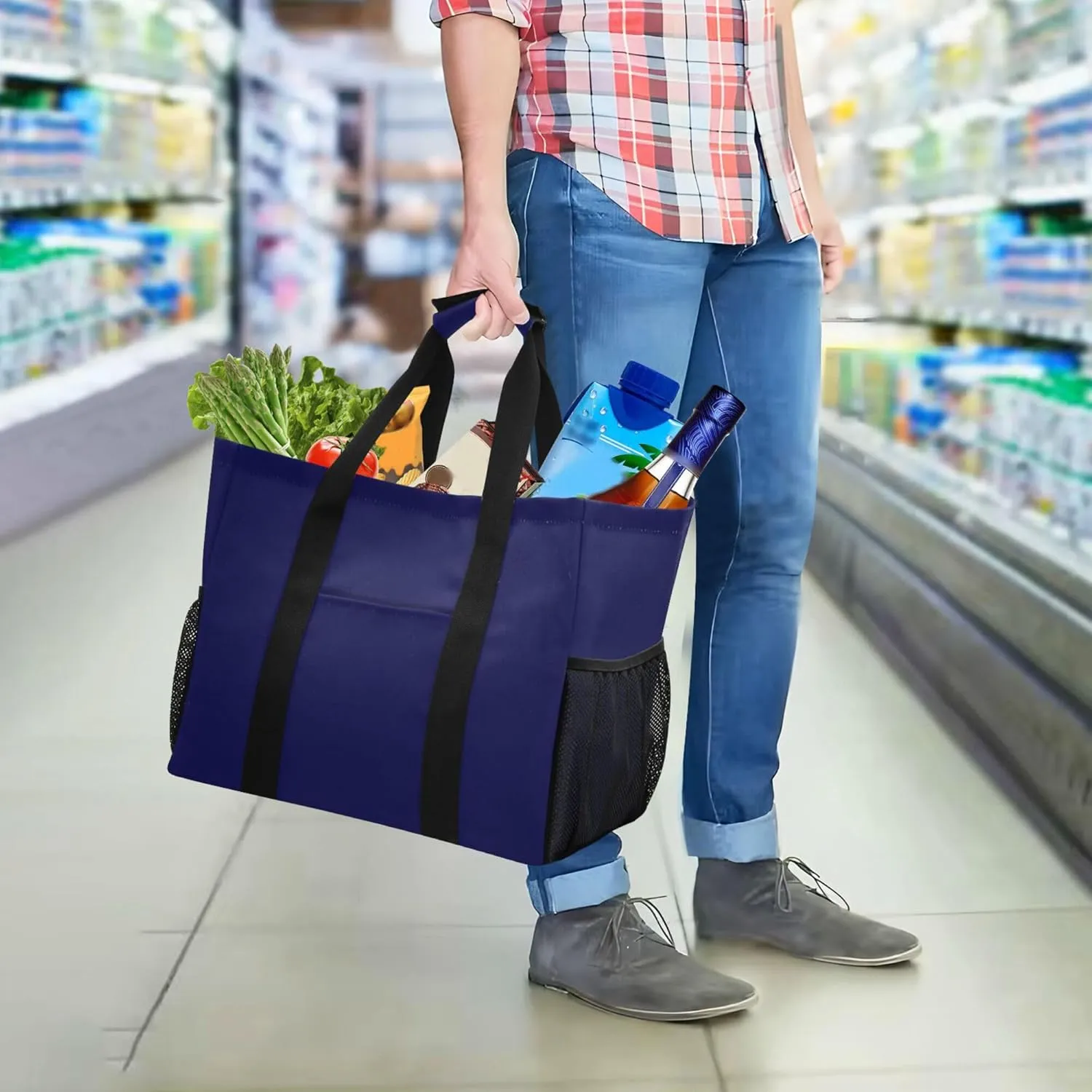 KLL Beach Bag Canvas Collapsable With Pockets Grocery Shopping Tote