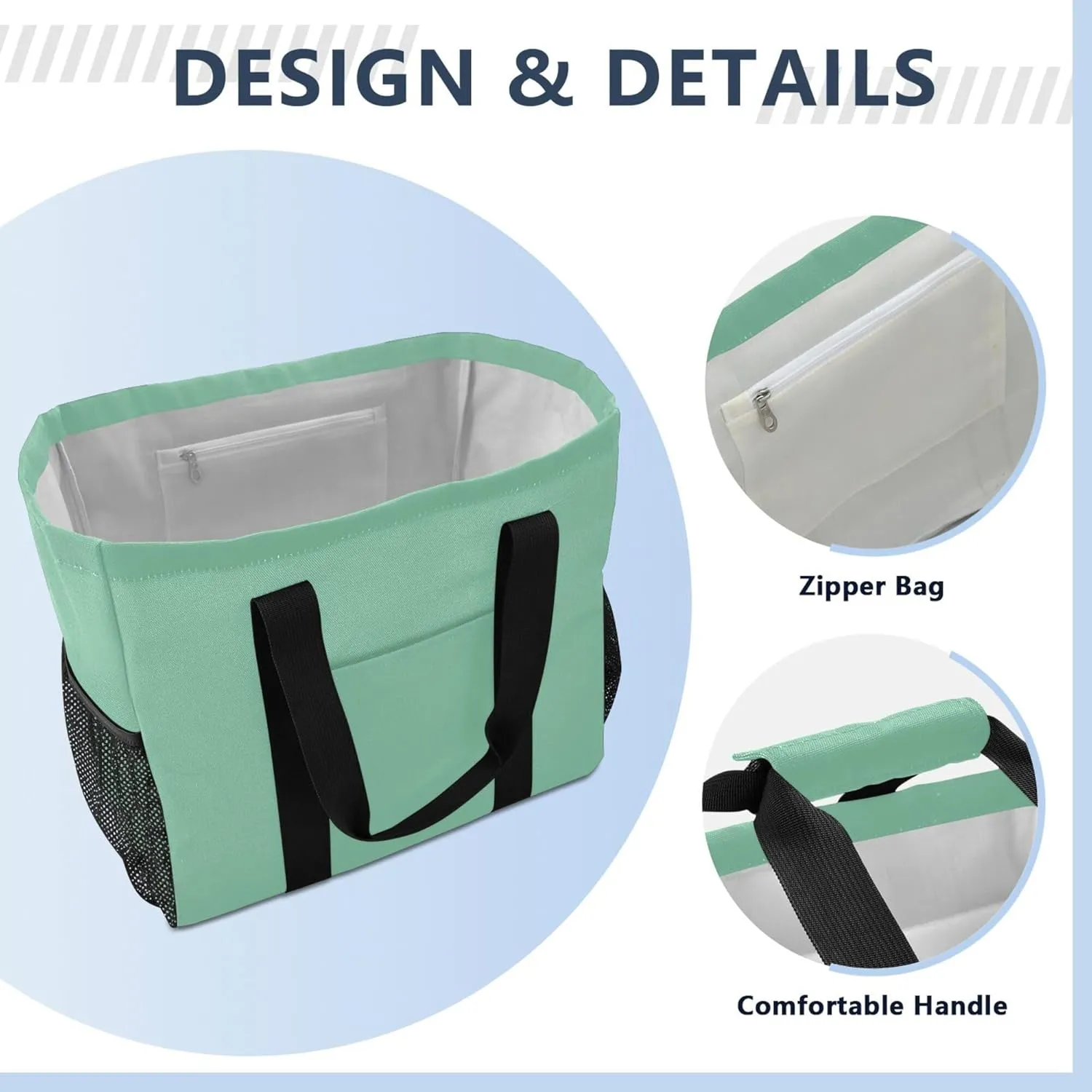 KLL Beach Bag Canvas Collapsable With Pockets Grocery Shopping Tote
