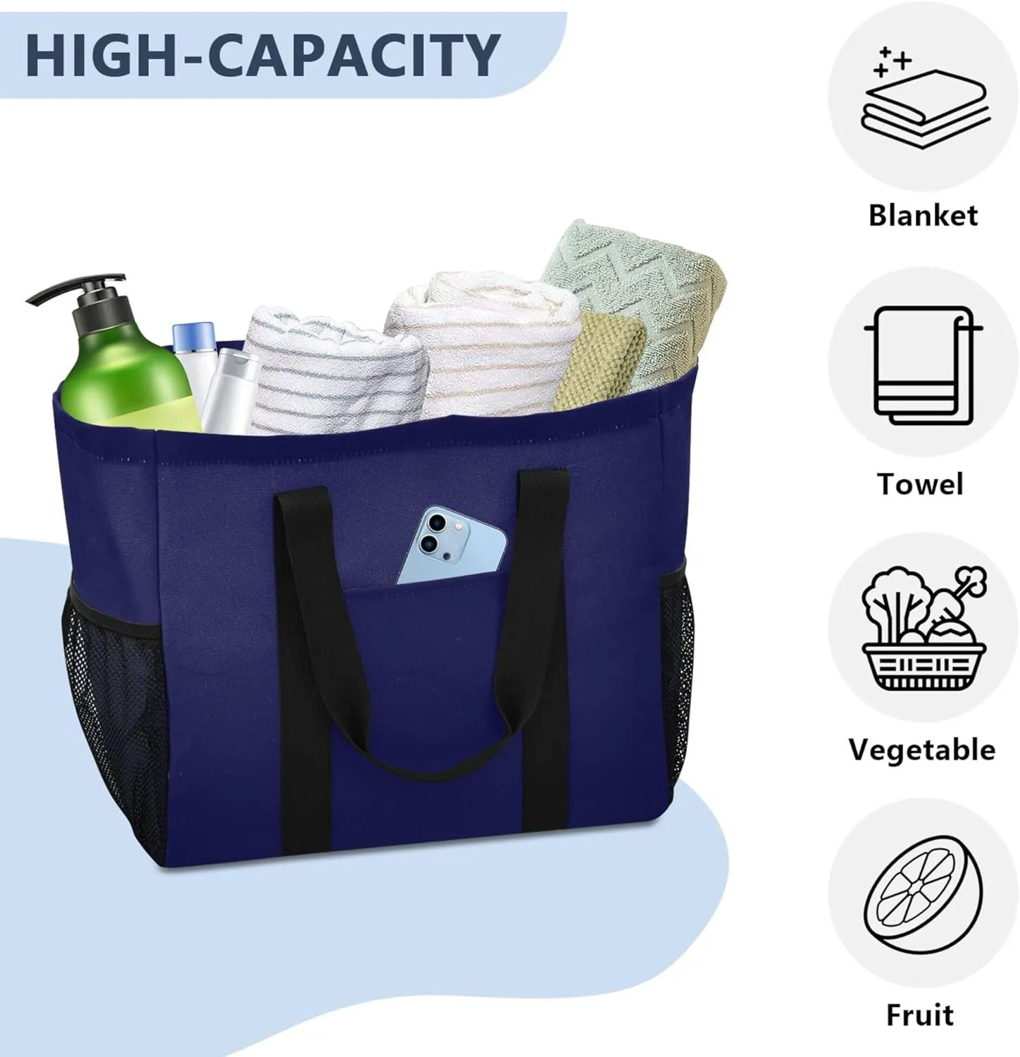 KLL Beach Bag Canvas Collapsable With Pockets Grocery Shopping Tote