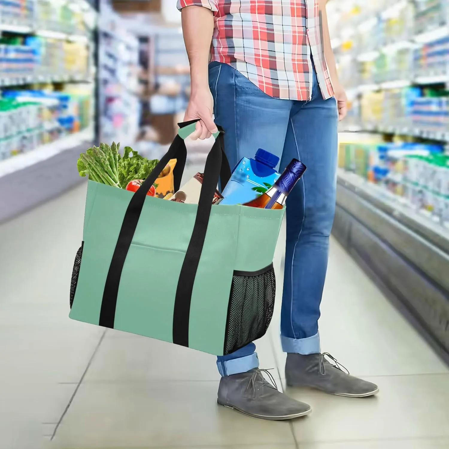 KLL Beach Bag Canvas Collapsable With Pockets Grocery Shopping Tote