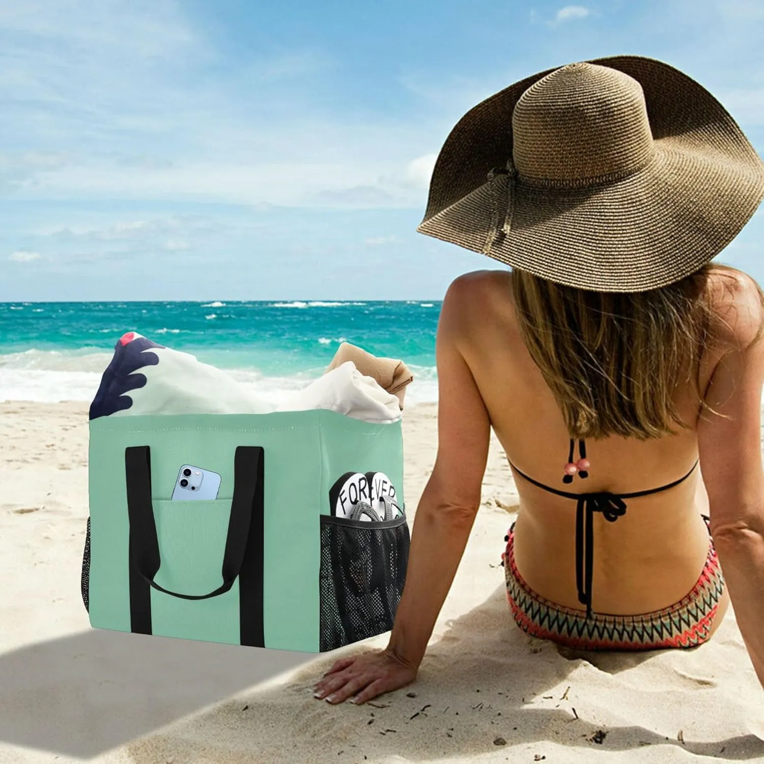 KLL Beach Bag Canvas Collapsable With Pockets Grocery Shopping Tote
