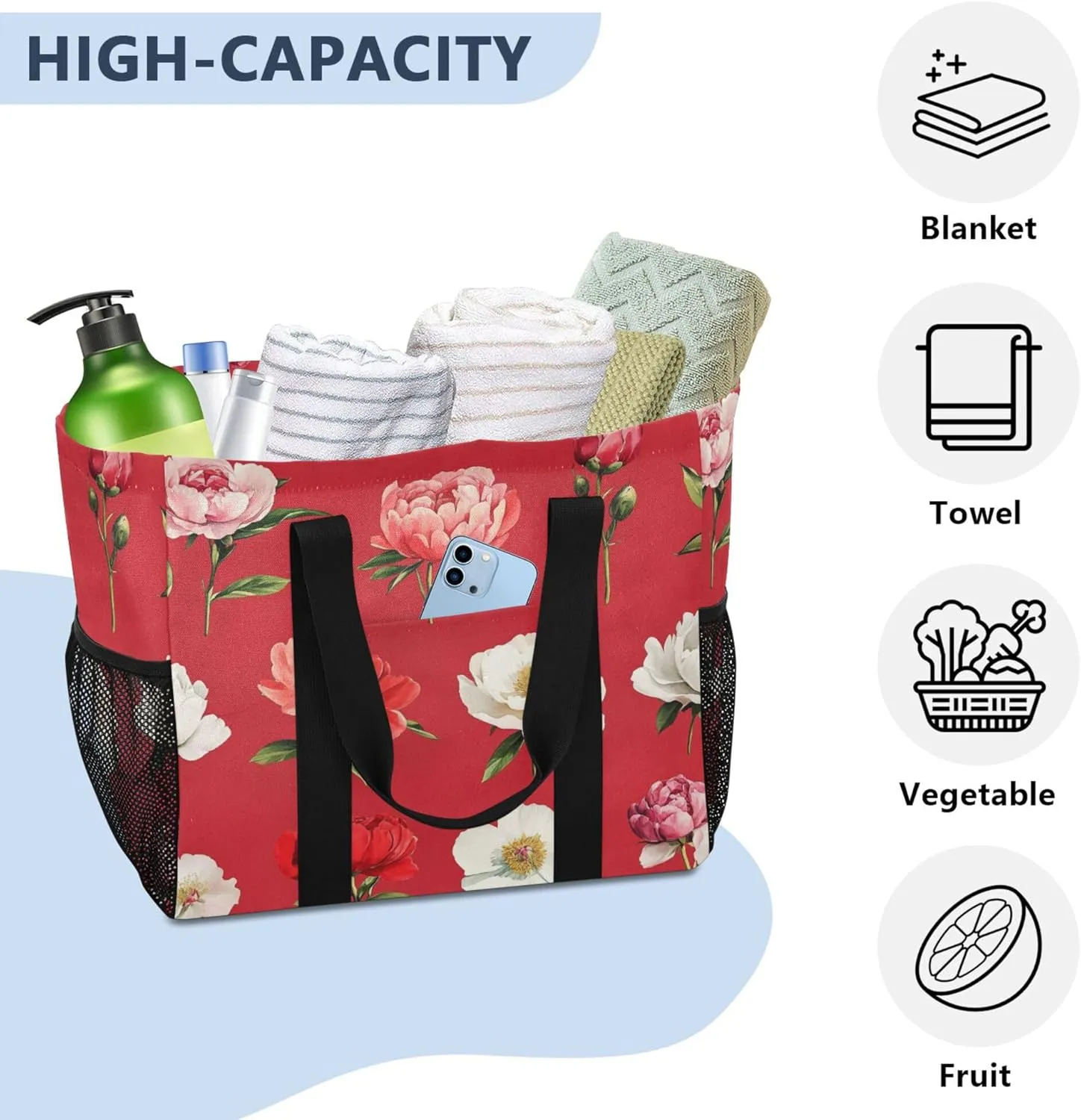 KLL Beach Bag Tote Canvas Foldable Waterproof Grocery Bags Reusable