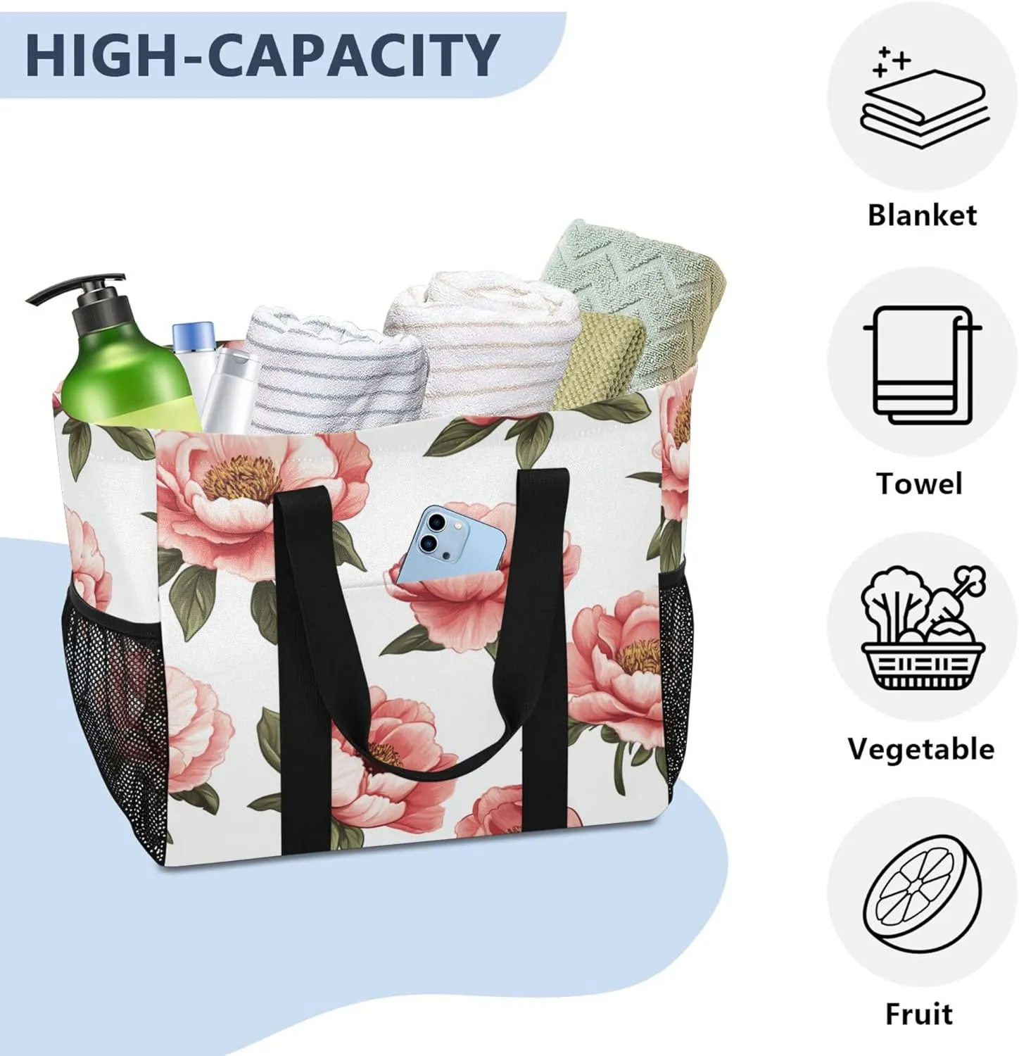 KLL Beach Bag Tote Canvas Foldable Waterproof Grocery Bags Reusable