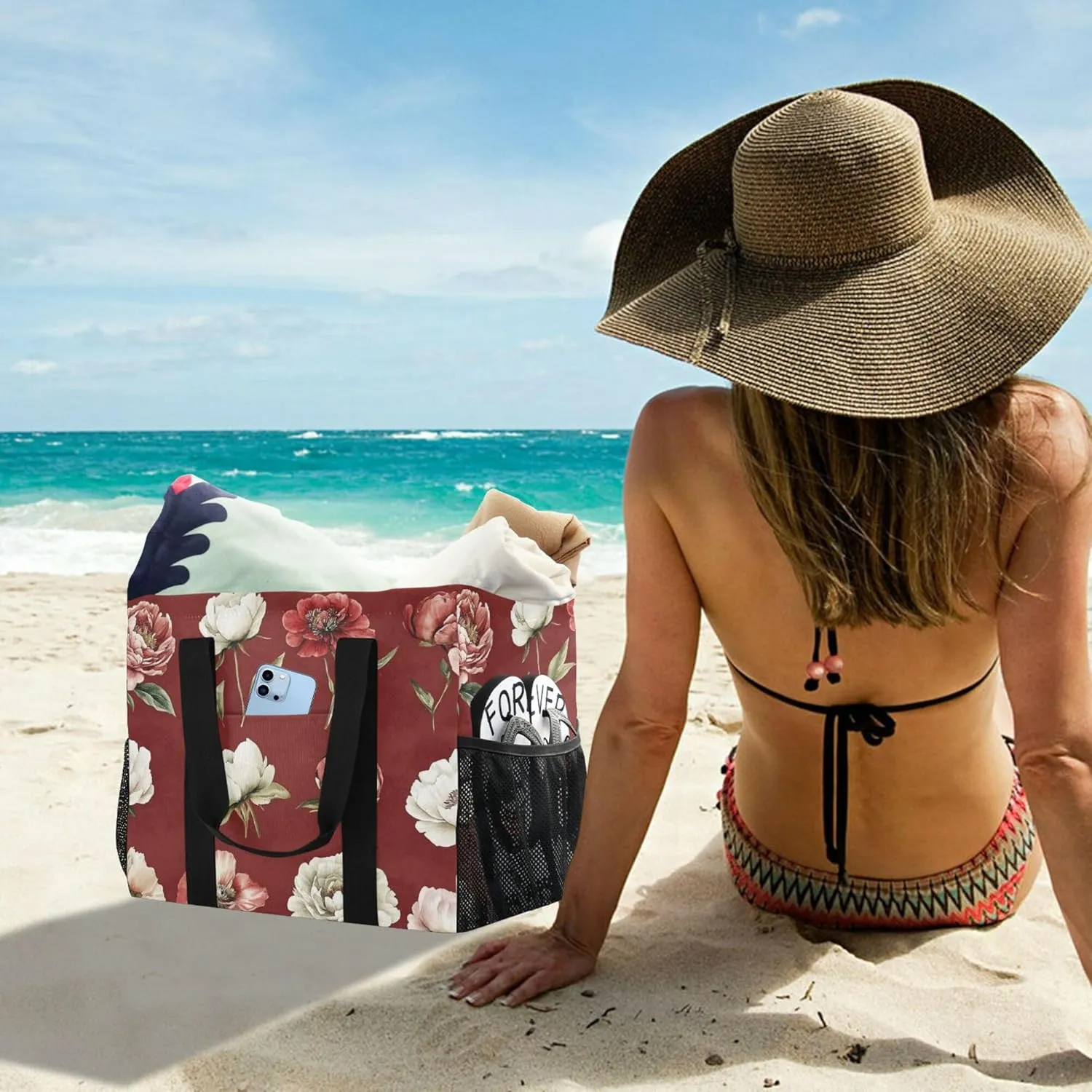 KLL Beach Bag Tote Canvas Foldable Waterproof Grocery Bags Reusable