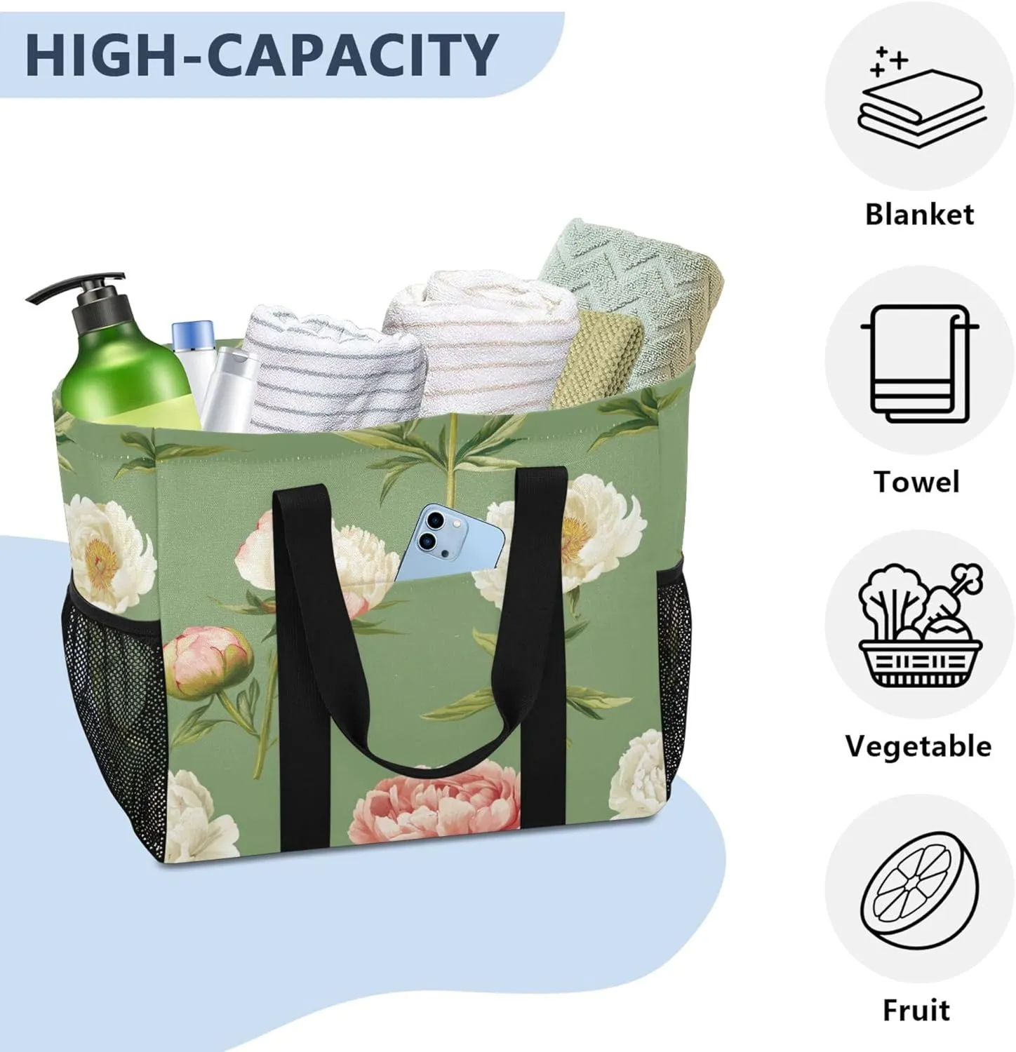 KLL Beach Bag Tote Canvas Foldable Waterproof Grocery Bags Reusable