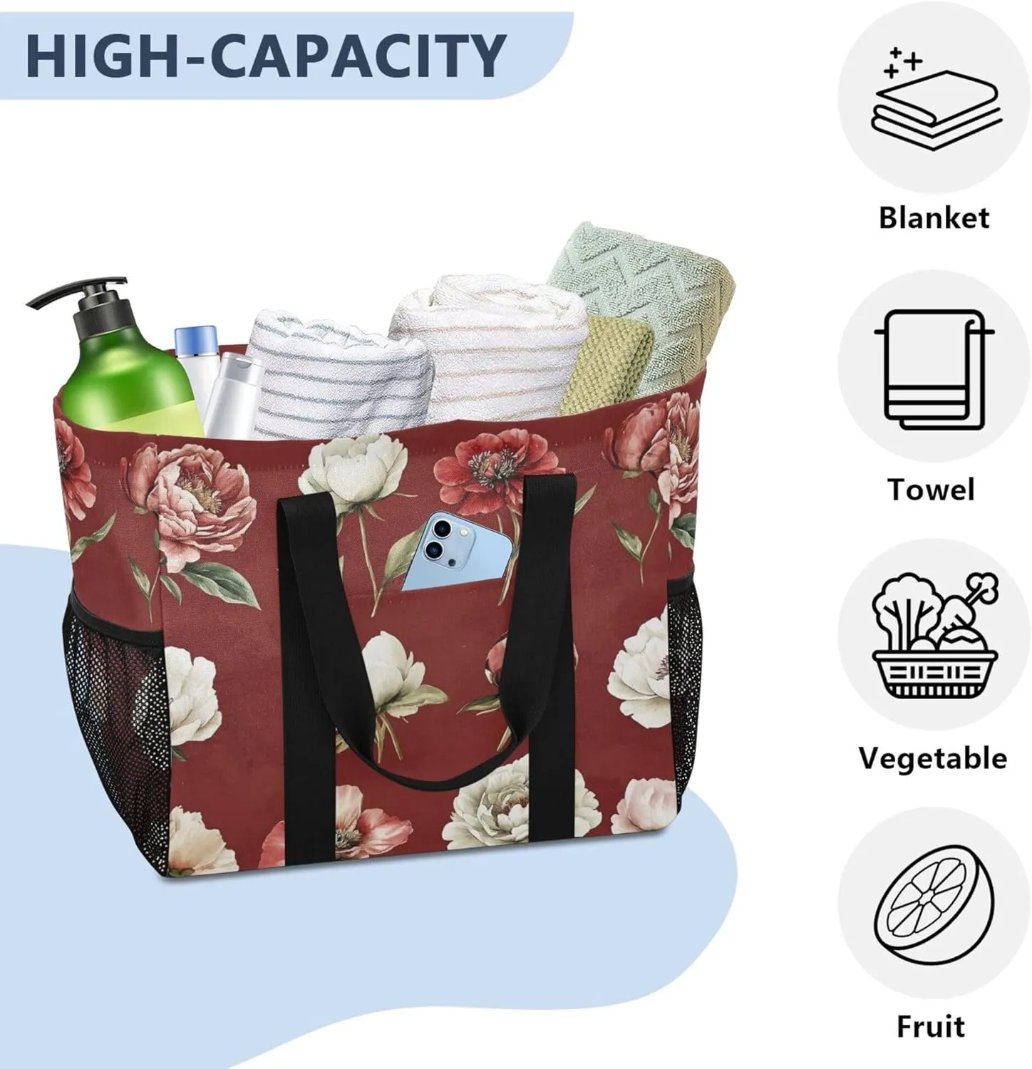 KLL Beach Bag Tote Canvas Foldable Waterproof Grocery Bags Reusable