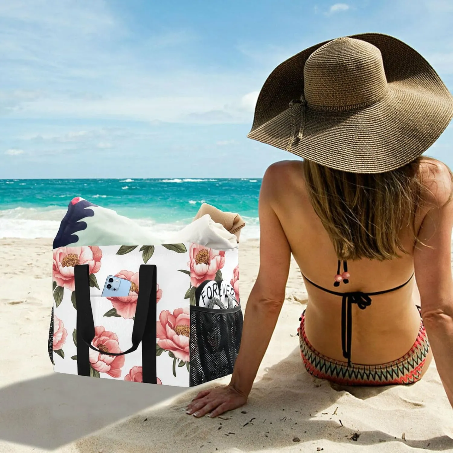 KLL Beach Bag Tote Canvas Foldable Waterproof Grocery Bags Reusable