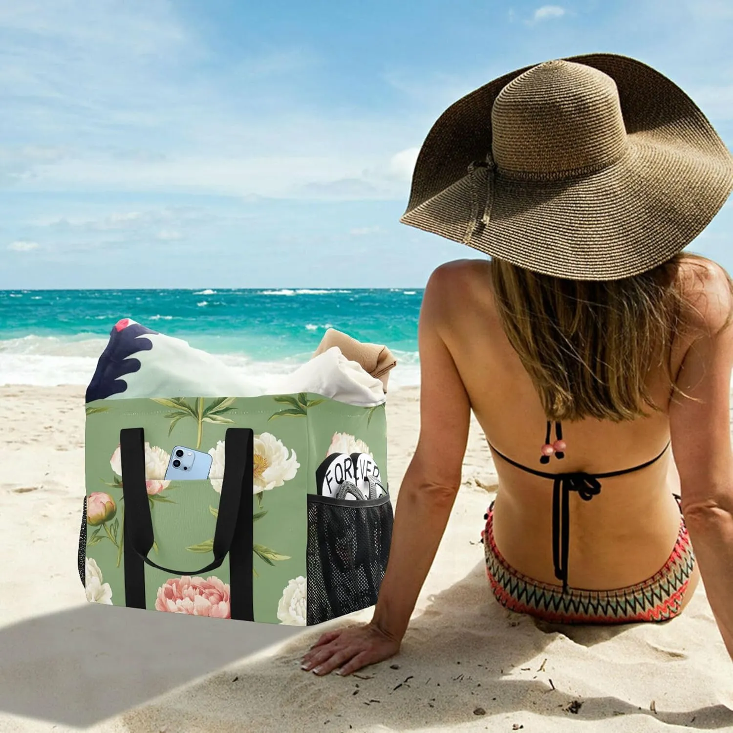 KLL Beach Bag Tote Canvas Foldable Waterproof Grocery Bags Reusable