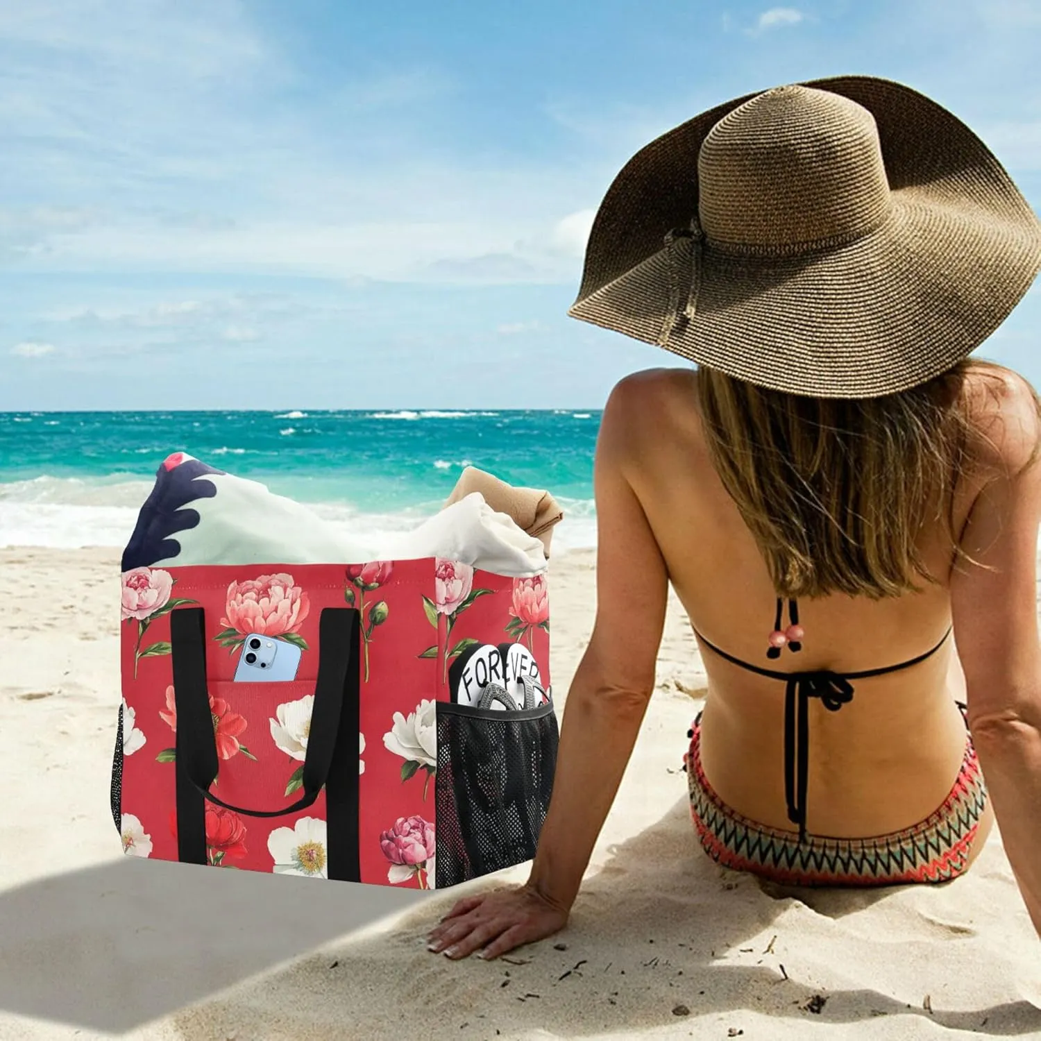 KLL Beach Bag Tote Canvas Foldable Waterproof Grocery Bags Reusable