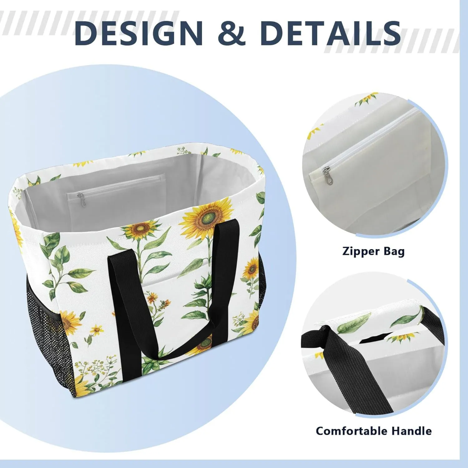 KLL Beach Tote Bag with Handles Collapsable With Pockets Reusable Shopping Bag