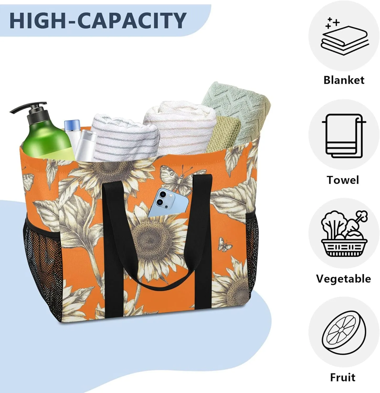 KLL Beach Tote Bag with Handles Collapsable With Pockets Reusable Shopping Bag