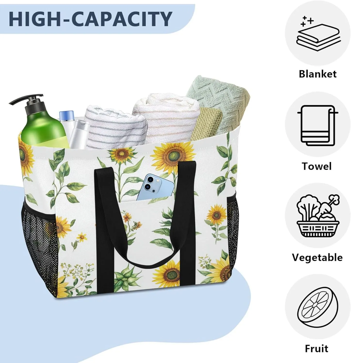 KLL Beach Tote Bag with Handles Collapsable With Pockets Reusable Shopping Bag