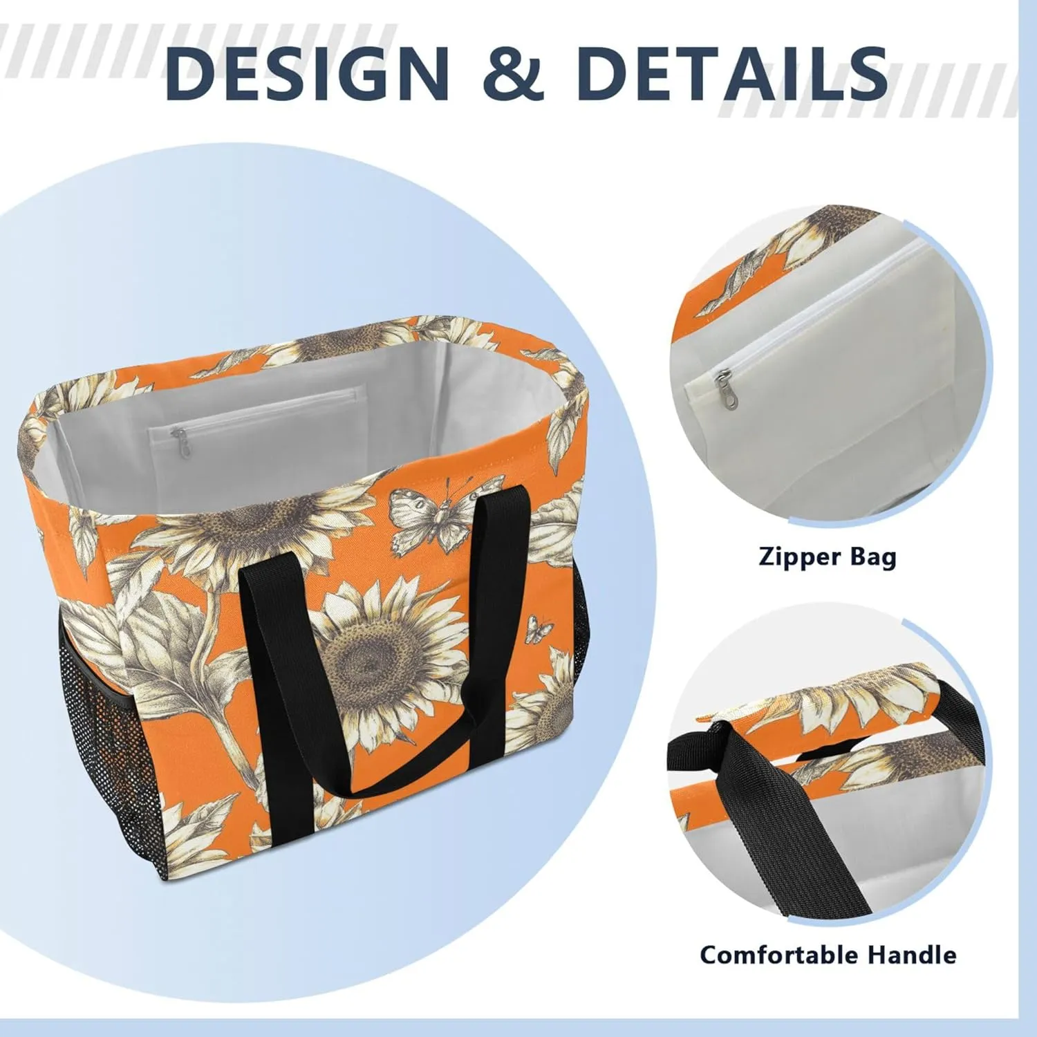 KLL Beach Tote Bag with Handles Collapsable With Pockets Reusable Shopping Bag