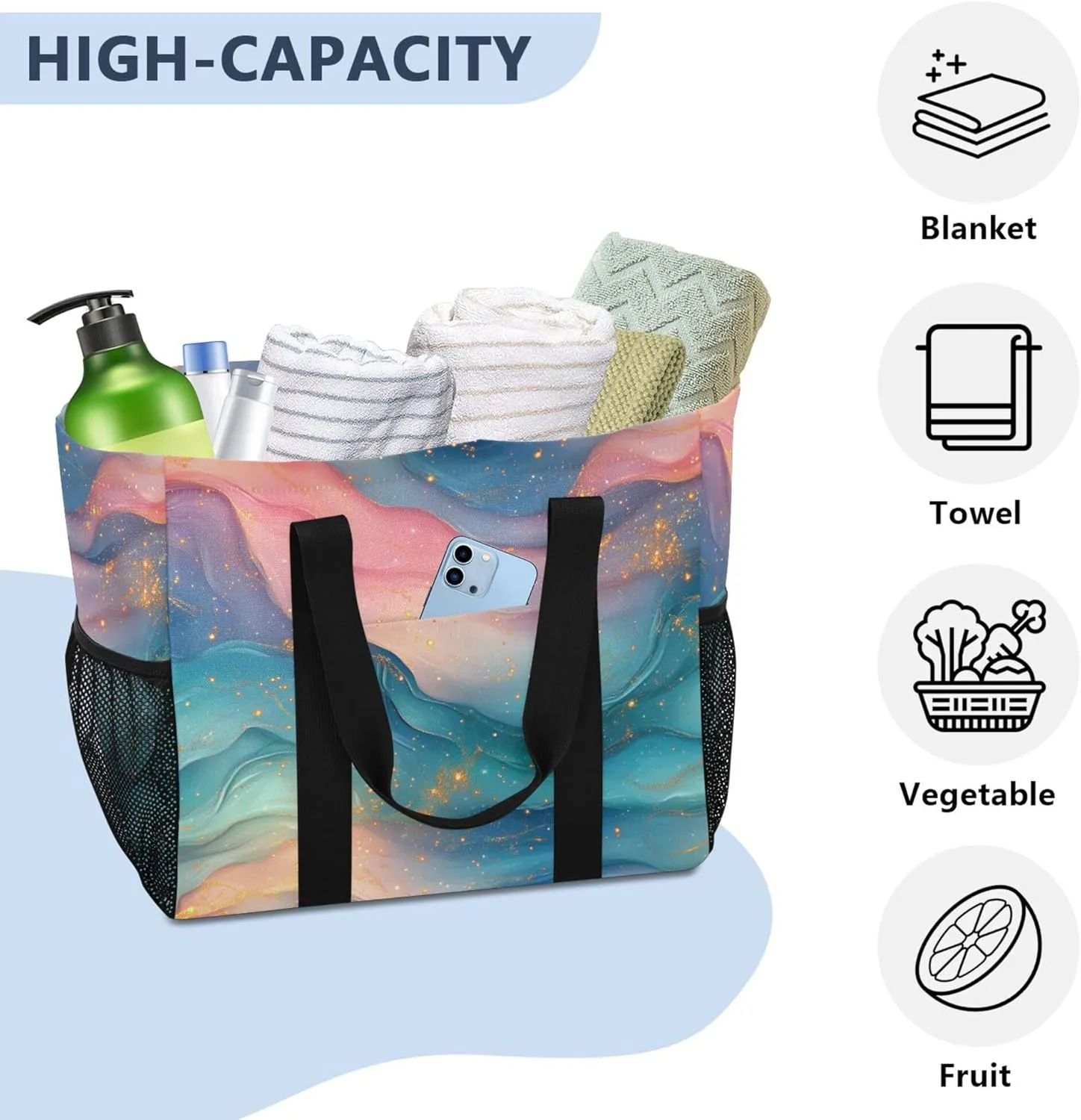 KLL Beach Tote Bag with Handles Foldable Sandproof Laundry Bag Travel