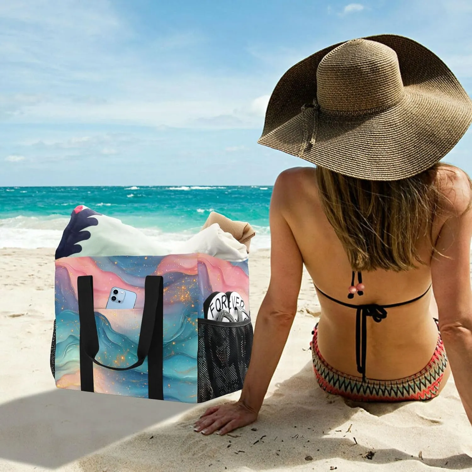 KLL Beach Tote Bag with Handles Foldable Sandproof Laundry Bag Travel